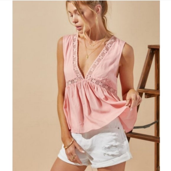 POL Tops - 21845  Lace Inlay Babydoll Top